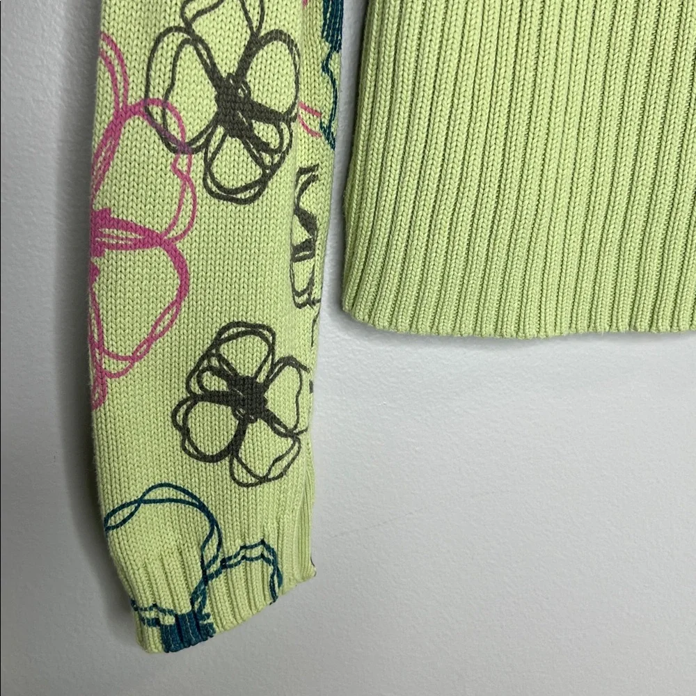 Cousin Johnny Whimsical Floral Lime Green Contour Knit Funnel Neck Sweater